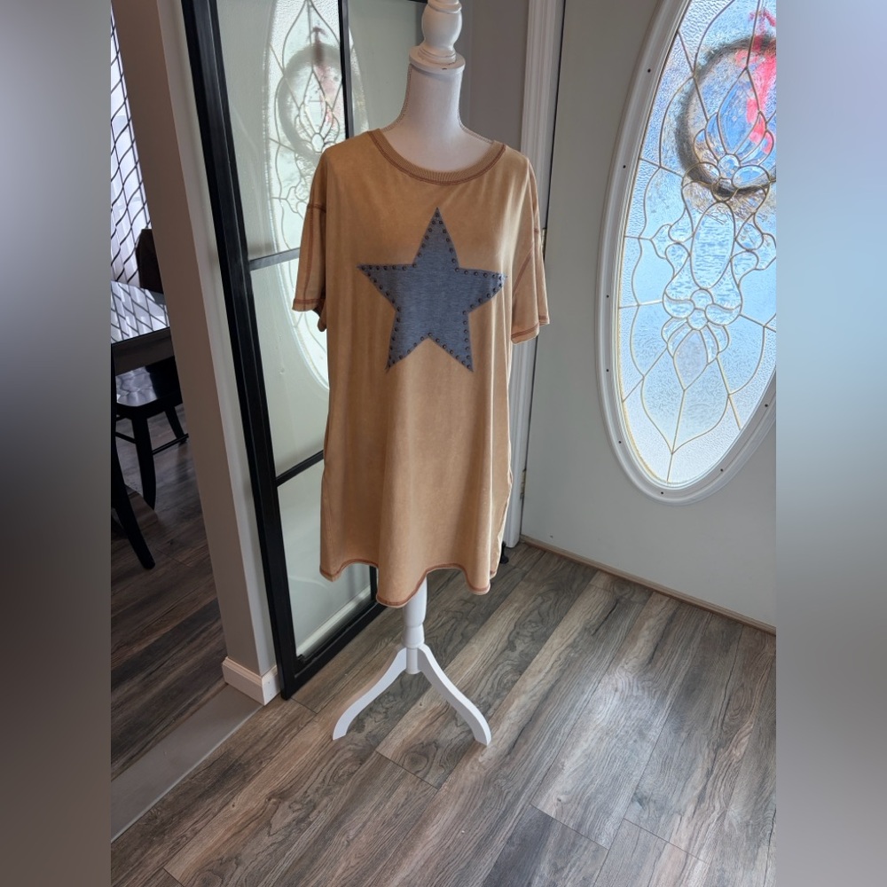 Beige Star Print Mini Dress